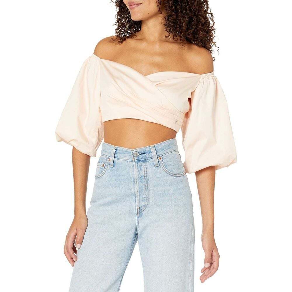 GUESS Women's Off Shoulder Cropped Shirt XS NWT Calm Pink Blouse New